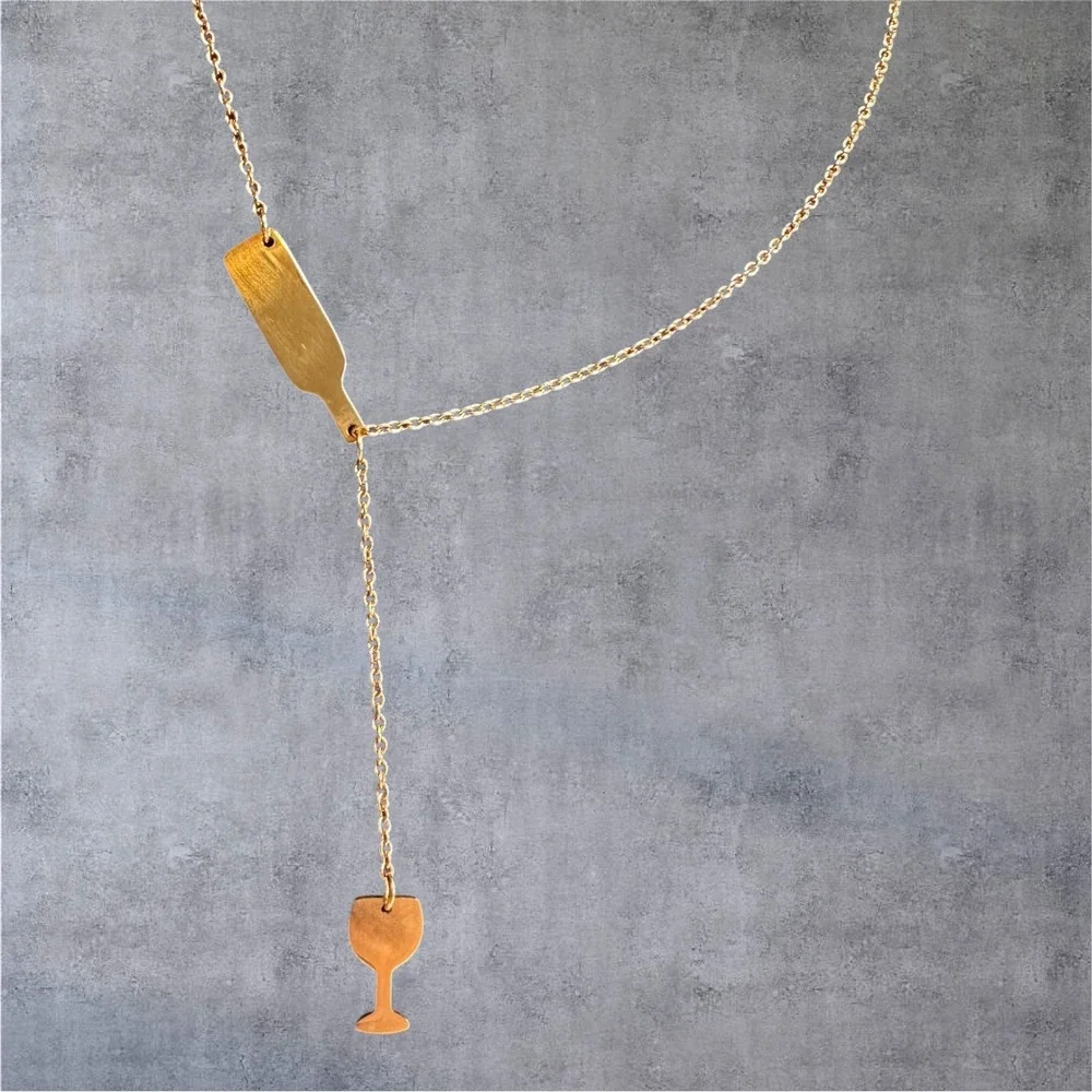 Wine Bottle & Glass Lariat Necklace Womens Gold Tone Novelty‎ Fun